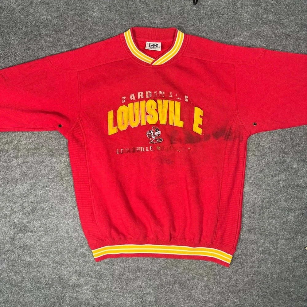 THRASHED Lee Sport Louisville Cardinals‎ Red V Neck Sweatshirt Men L